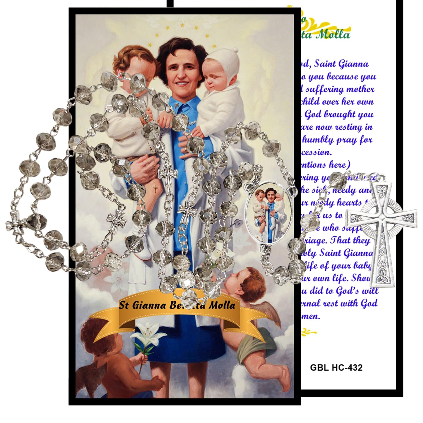 Saint Gianna Beretta Molla Pediatrician Pro-Life Advocate Handcrafted Smoke Quartz Crystal Rosary with Silver‑Plated Crucifix and Color Image Centerpiece Cross Pater Nosters and Prayer Card Included