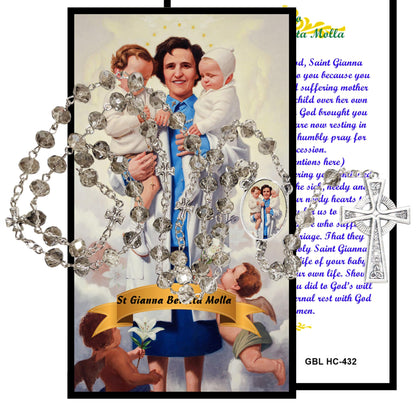 Saint Gianna Beretta Molla Pediatrician Pro-Life Advocate Handcrafted Smoke Quartz Crystal Rosary with Silver‑Plated Crucifix and Color Image Centerpiece Cross Pater Nosters and Prayer Card Included