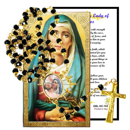 Lady of Sorrows La Dolorosa Handcrafted rosary jet black quartz capped beads gold plated findings, crucifix, medal centerpiece with color image and a prayer card