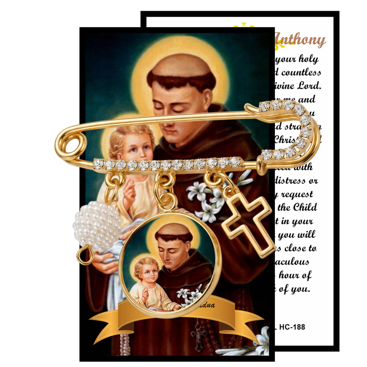 San Antonio Patrono de los Objetos Perdidos y del Amor Broche Imperdible Dorado con Medalla de Santo Cruz Dijes de Perla y Detalles de Cristal Pin Religioso Inspirador de Fe
