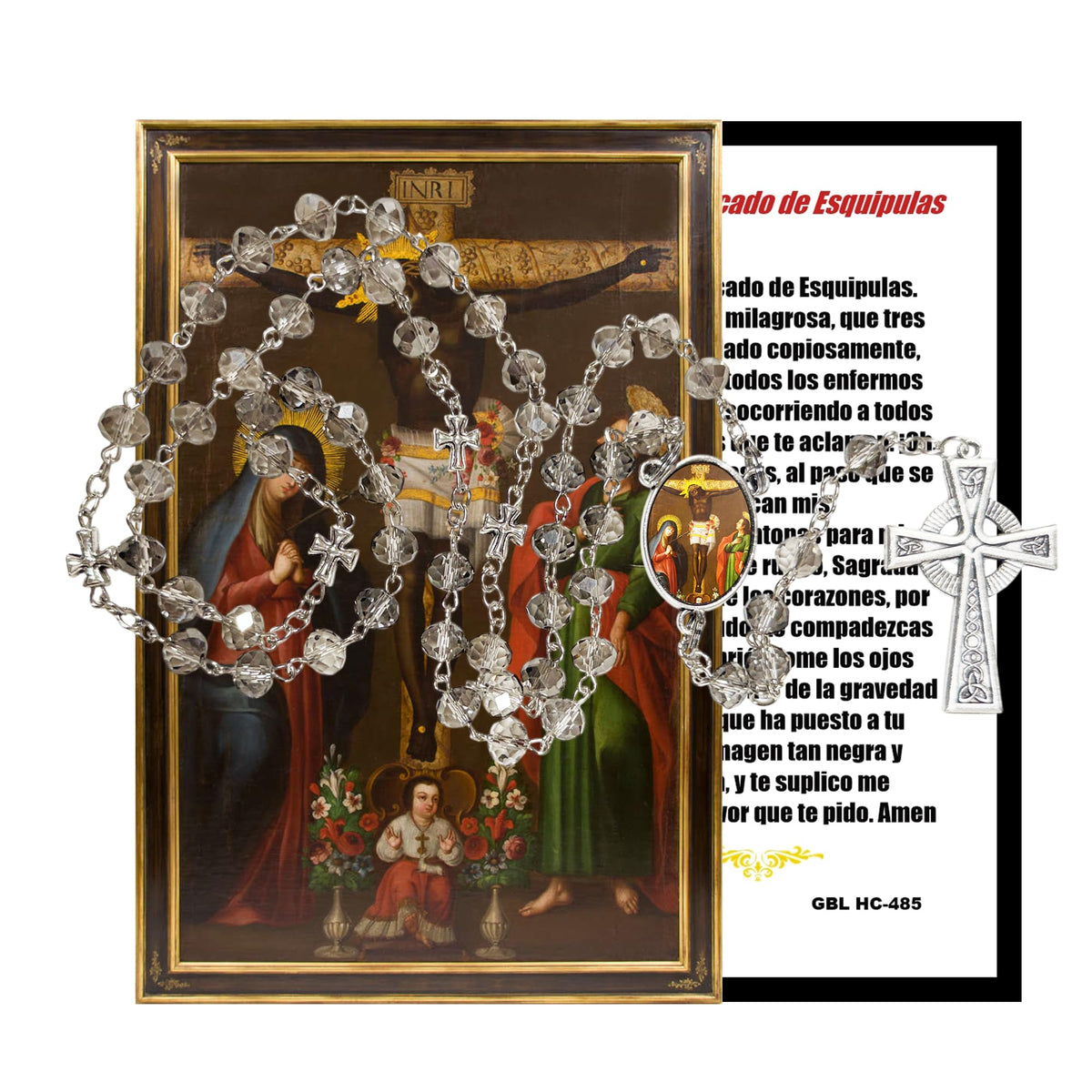 El Cristo Negro de Esquipulas Devocion Guatemalteca Rosario artesanal de cristal de cuarzo ahumado con crucifijo bañado en plata y centro con imagen a color – crucifijos por Padre Nuestros y postal de rezo EN ESPANOL