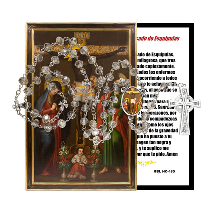 El Cristo Negro de Esquipulas Devocion Guatemalteca Rosario artesanal de cristal de cuarzo ahumado con crucifijo bañado en plata y centro con imagen a color – crucifijos por Padre Nuestros y postal de rezo EN ESPANOL