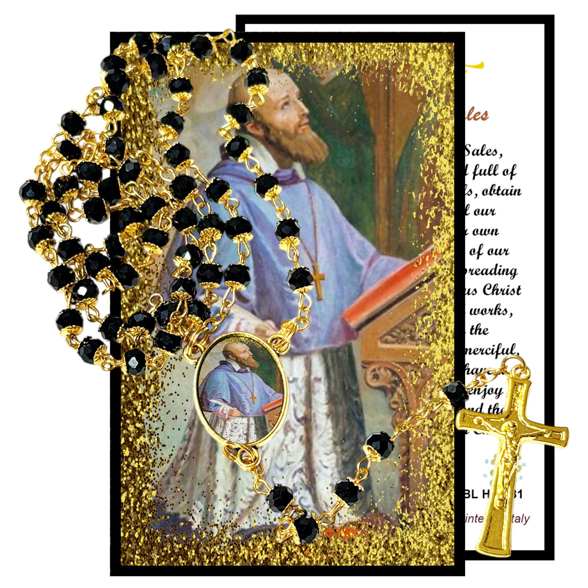 Saint Francis of Sales Patron of the Deaf Handcrafted rosary jet black quartz capped beads gold plated findings, crucifix, medal centerpiece with color image and a prayer card