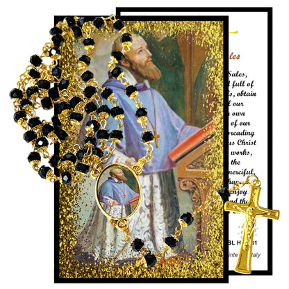 Saint Francis of Sales Patron of the Deaf Handcrafted rosary jet black quartz capped beads gold plated findings, crucifix, medal centerpiece with color image and a prayer card