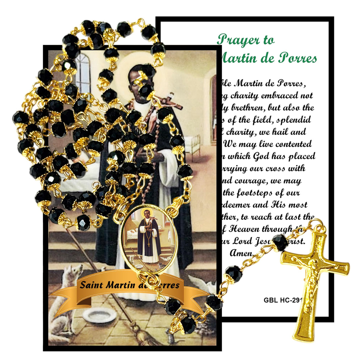 Saint Martin de Porres Patron of Mixed Races Handcrafted rosary jet black quartz capped beads gold plated findings, crucifix, medal centerpiece with color image and a prayer card