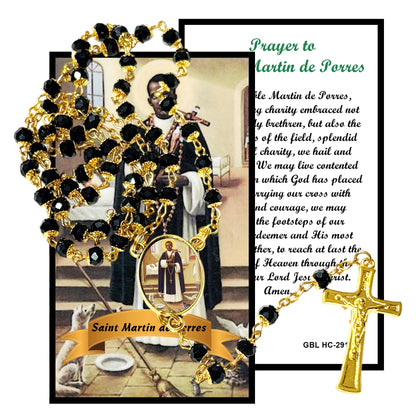 Saint Martin de Porres Patron of Mixed Races Handcrafted rosary jet black quartz capped beads gold plated findings, crucifix, medal centerpiece with color image and a prayer card