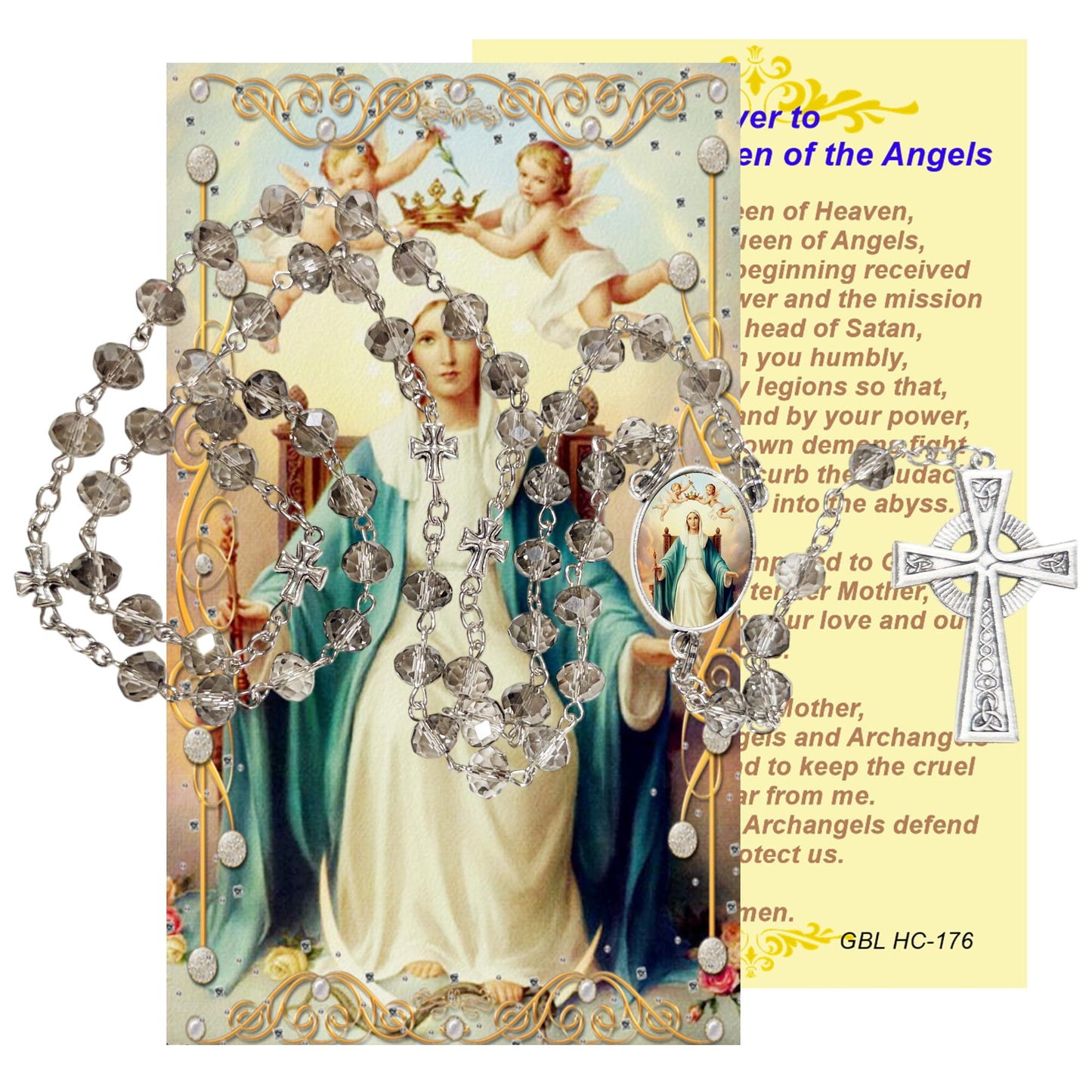 Our Lady Queen of the Angels Handcrafted Smoke Quartz Crystal Rosary with Silver‑Plated Crucifix and Color Image Centerpiece – Cross Pater Nosters and Prayer Card Included