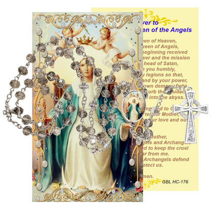 Our Lady Queen of the Angels Handcrafted Smoke Quartz Crystal Rosary with Silver‑Plated Crucifix and Color Image Centerpiece – Cross Pater Nosters and Prayer Card Included