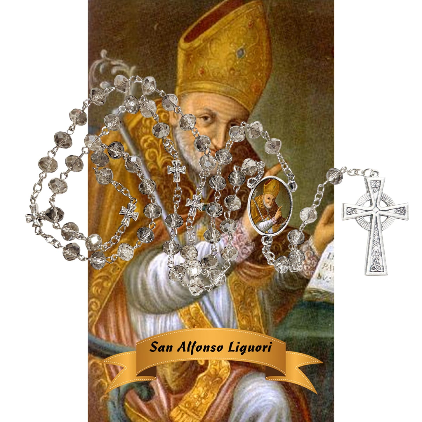Saint Alphonsus Liguori Patron of Arthritis Sufferers and Lawyers Handcrafted Smoke Quartz Crystal Rosary with Silver‑Plated Crucifix and Color Image Centerpiece Cross Pater Nosters and Prayer Card Included