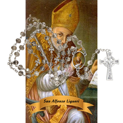 Saint Alphonsus Liguori Patron of Arthritis Sufferers and Lawyers Handcrafted Smoke Quartz Crystal Rosary with Silver‑Plated Crucifix and Color Image Centerpiece Cross Pater Nosters and Prayer Card Included