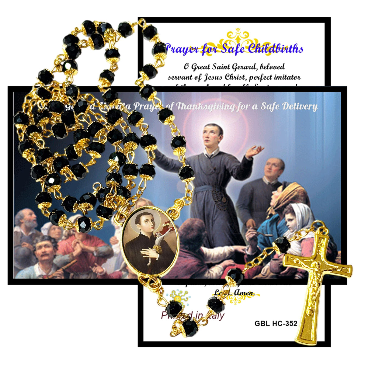 Saint Gerard Majella Patron of Motherhood and Safe Delivery Handcrafted rosary jet black quartz capped beads gold plated findings, crucifix, medal centerpiece with color image and a prayer card
