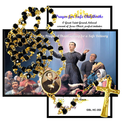Saint Gerard Majella Patron of Motherhood and Safe Delivery Handcrafted rosary jet black quartz capped beads gold plated findings, crucifix, medal centerpiece with color image and a prayer card