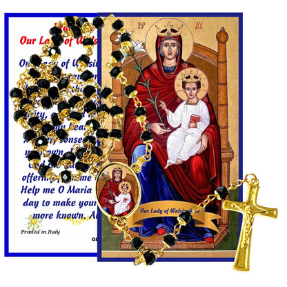 Our Lady of Walsingham Patron of English Catholics Handcrafted rosary jet black quartz capped beads gold plated findings, crucifix, medal centerpiece with color image and a prayer card