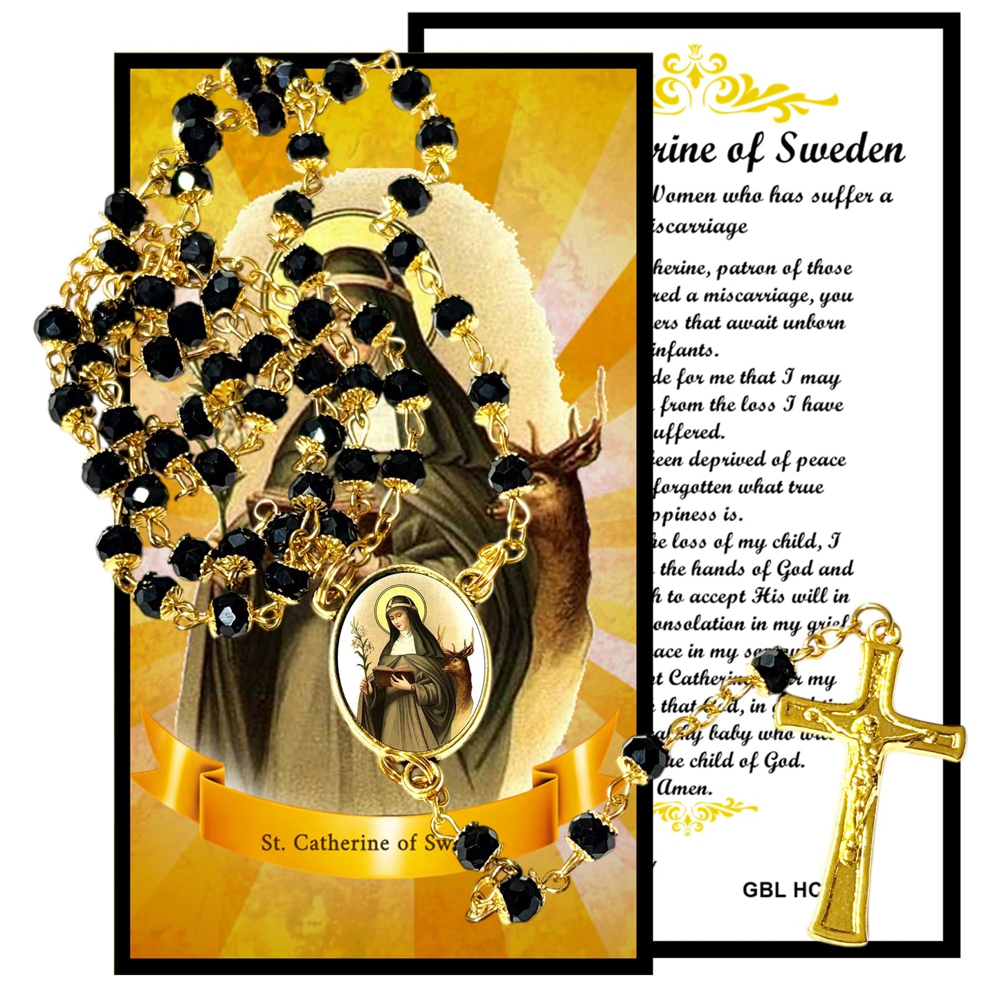 Saint Catherine of Sweden Patron of Mothers and Families Handcrafted rosary jet black quartz capped beads gold plated findings, crucifix, medal centerpiece with color image and a prayer card IN ENGLISH