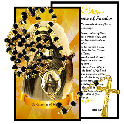 Saint Catherine of Sweden Patron of Mothers and Families Handcrafted rosary jet black quartz capped beads gold plated findings, crucifix, medal centerpiece with color image and a prayer card IN ENGLISH