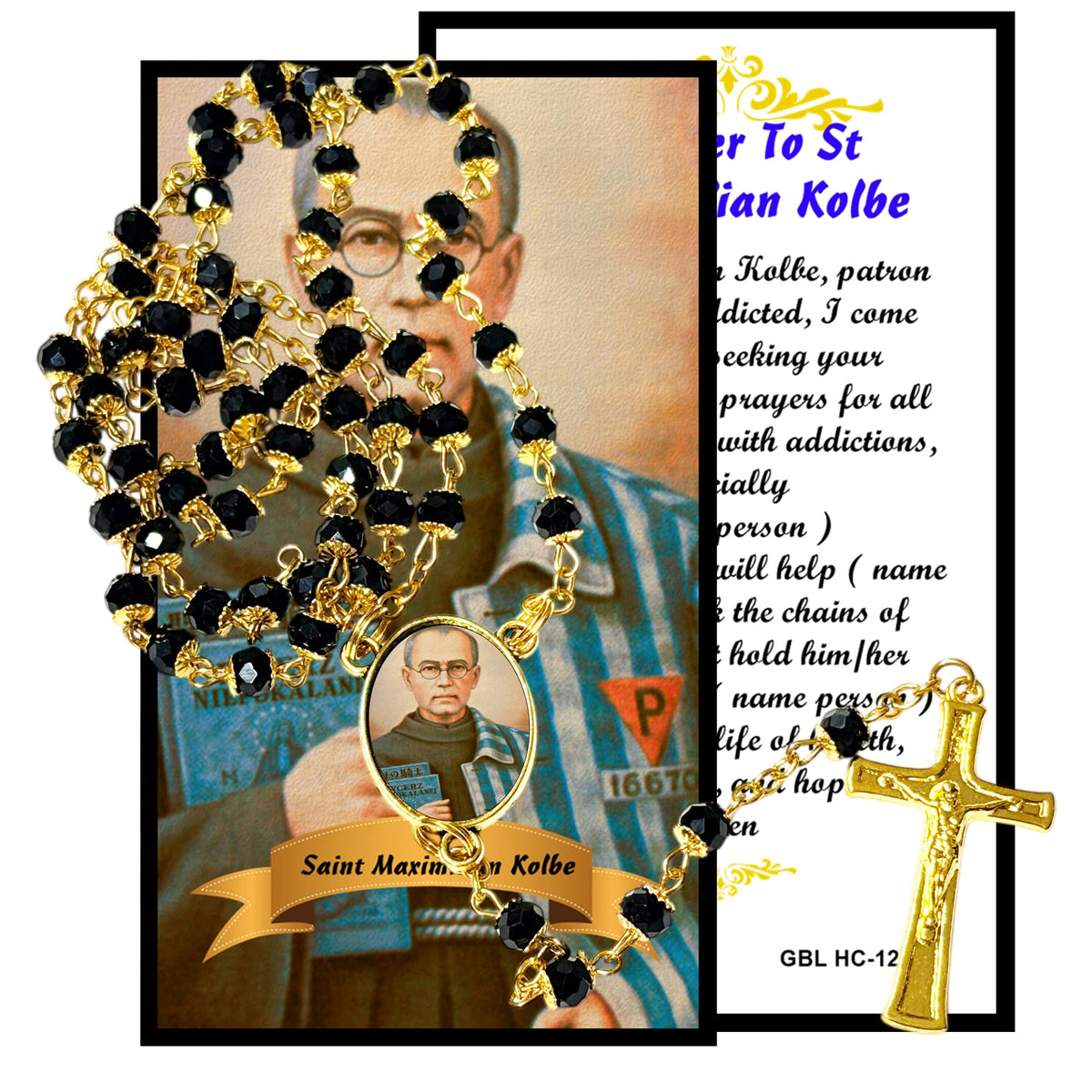 Saint Maximilian Kolbe Patron of Those with Addictions Handcrafted rosary jet black quartz capped beads gold plated findings, crucifix, medal centerpiece with color image and a prayer card