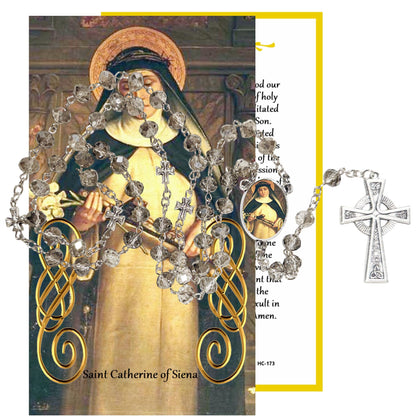 Saint Catherine of Siena Patron of Italy Handcrafted Smoke Quartz Crystal Rosary with Silver‑Plated Crucifix and Color Image Centerpiece – Cross Pater Nosters and Prayer Card Included