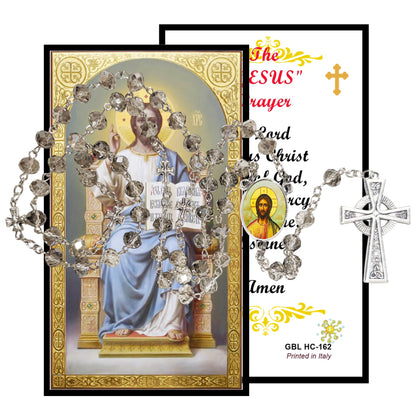 The JESUS Prayer Christ Pantocrator Handcrafted Smoke Quartz Crystal Rosary with Silver‑Plated Crucifix and Color Image Centerpiece – Cross Pater Nosters and Prayer Card Included