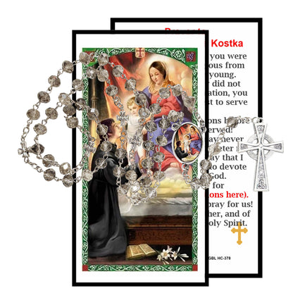 Saint Stanislaus Kostka Patron of Those with Broken Bones Handcrafted Smoke Quartz Crystal Rosary with Silver‑Plated Crucifix and Color Image Centerpiece Cross Pater Nosters and Prayer Card Included
