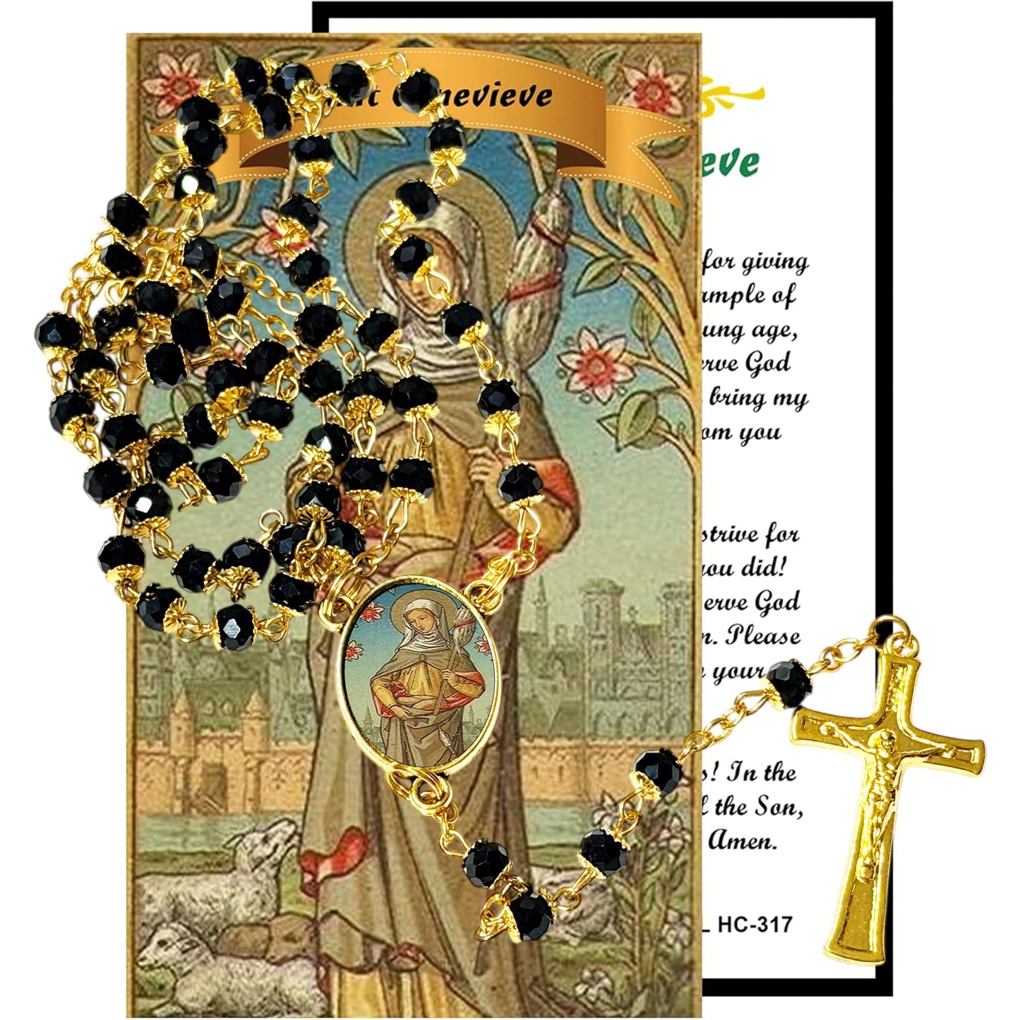 Saint Genevieve Patron of Paris Handcrafted rosary jet black quartz capped beads gold plated findings, crucifix, medal centerpiece with color image and a prayer card