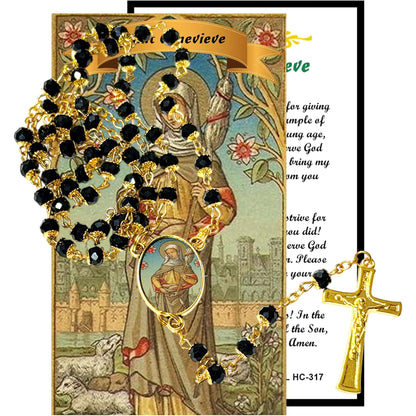 Saint Genevieve Patron of Paris Handcrafted rosary jet black quartz capped beads gold plated findings, crucifix, medal centerpiece with color image and a prayer card