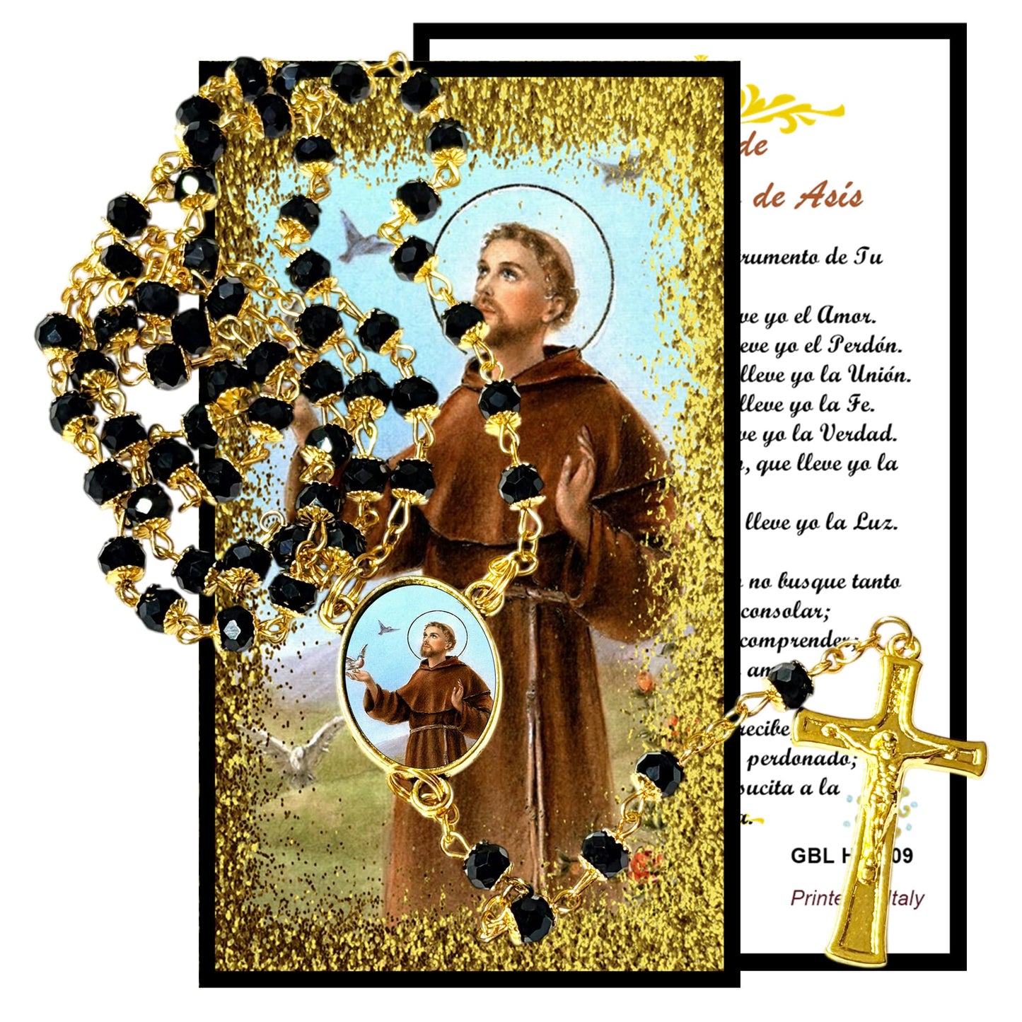 Saint Francis of Assisi Patron of Animals Merchants and Ecology Handcrafted rosary jet black quartz capped beads gold plated findings, crucifix, medal centerpiece with color image and a prayer card
