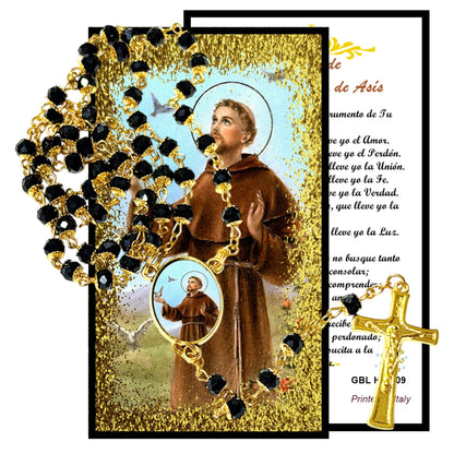 Saint Francis of Assisi Patron of Animals Merchants and Ecology Handcrafted rosary jet black quartz capped beads gold plated findings, crucifix, medal centerpiece with color image and a prayer card