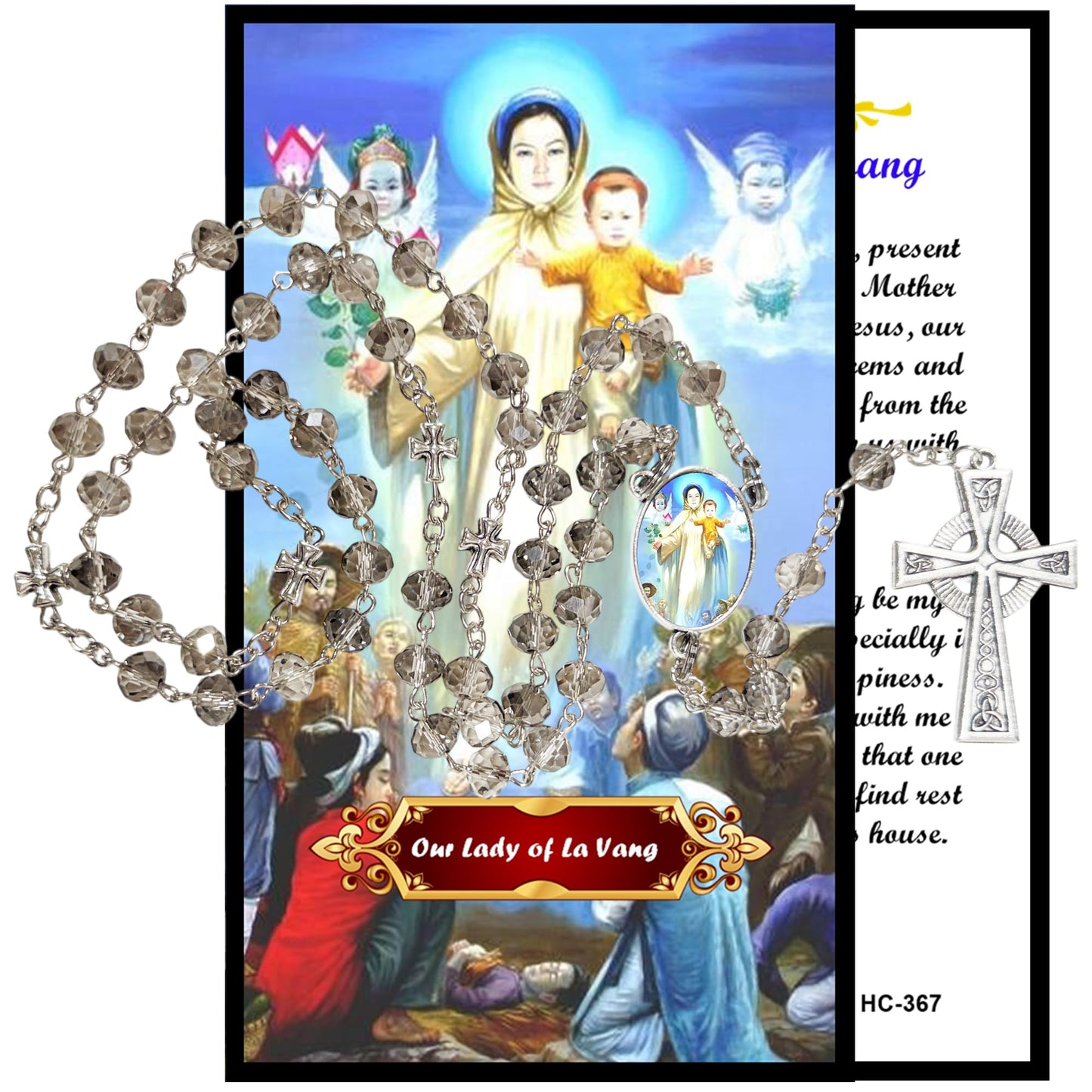 Gifts by Lulee, LLC Our Lady of La Vang Đức Mẹ La Vang Handcrafted Smoke Quartz Crystal Rosary with Silver‑Plated Crucifix and Color Image Centerpiece – Cross Pater Nosters and Prayer Card Included