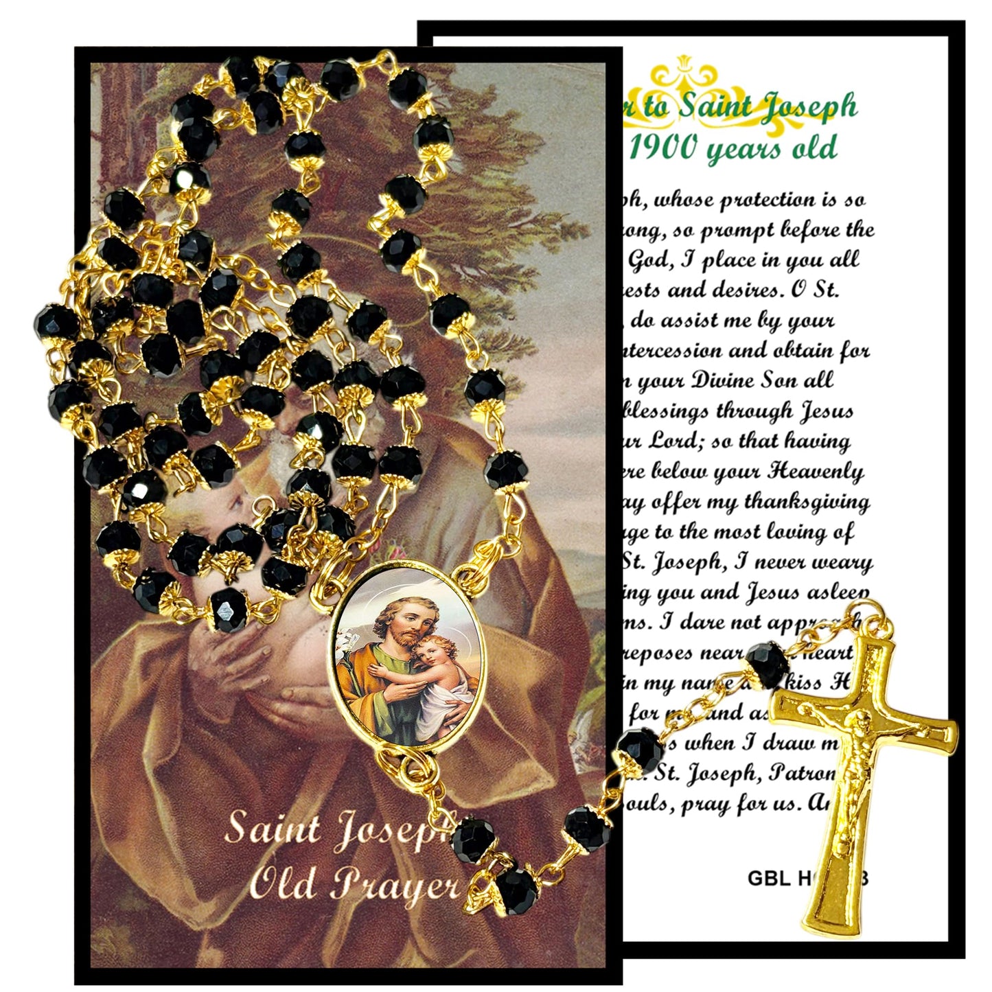 Saint Joseph Father of Jesus Patron of Fathers and Family Handcrafted rosary jet black quartz capped beads gold plated findings, crucifix, medal centerpiece with color image and a prayer card