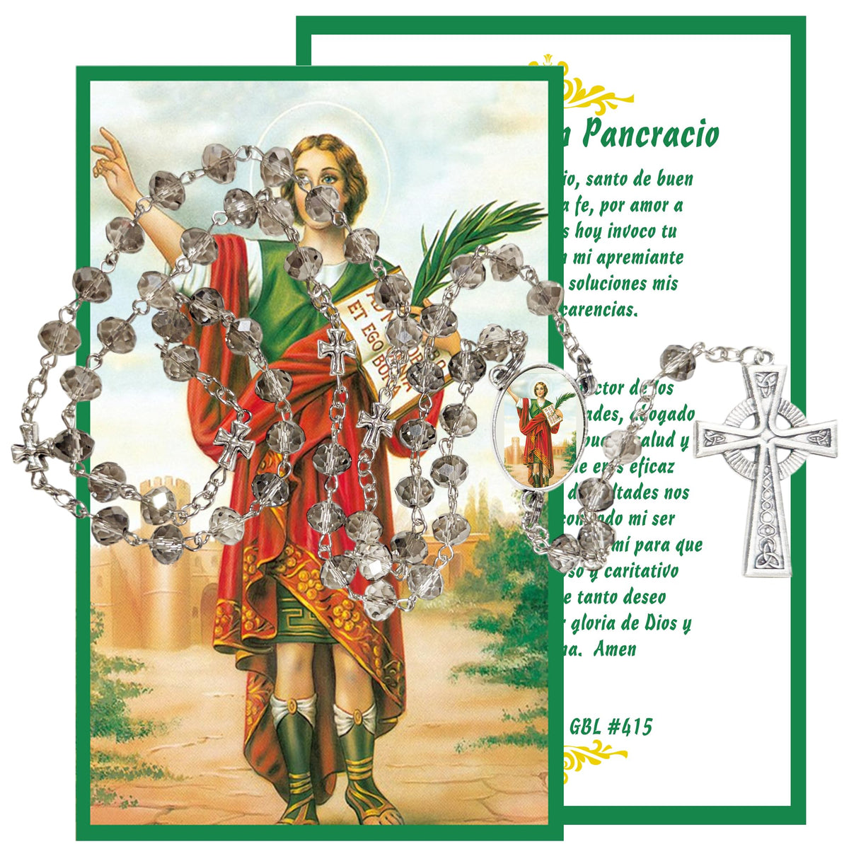 San Pancracio San Pancras Patron De Los Empleos Y La Salud Handcrafted Smoke Quartz Crystal Rosary with Silver‑Plated Crucifix and Color Image Centerpiece – Cross Pater Nosters and Prayer Card Included IN SPANISH