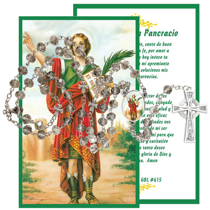 San Pancracio San Pancras Patron De Los Empleos Y La Salud Handcrafted Smoke Quartz Crystal Rosary with Silver‑Plated Crucifix and Color Image Centerpiece – Cross Pater Nosters and Prayer Card Included IN SPANISH