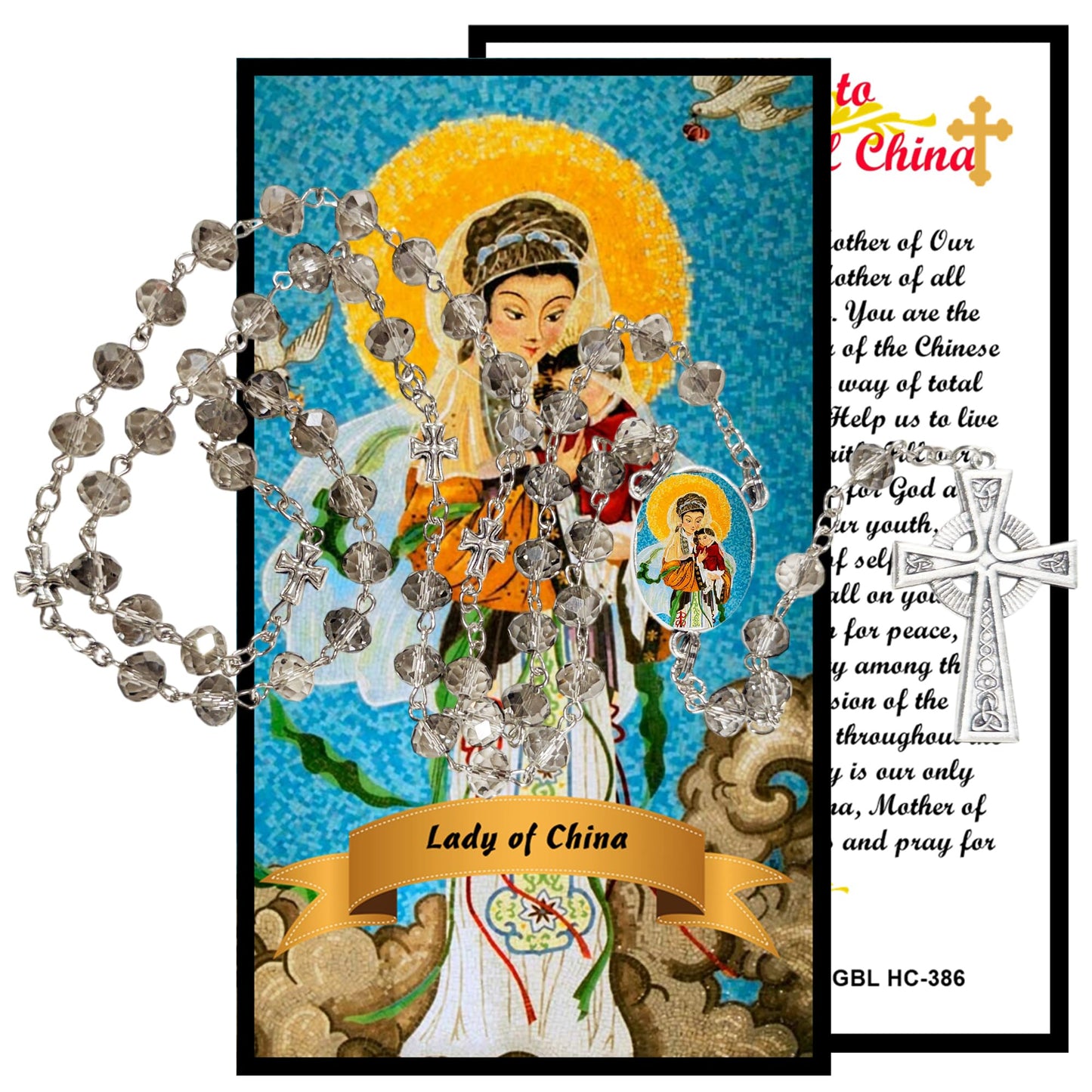 Gifts by Lulee, LLC Our Lady of China Handcrafted Smoke Quartz Crystal Rosary with Silver‑Plated Crucifix and Color Image Centerpiece – Cross Pater Nosters and Prayer Card Included