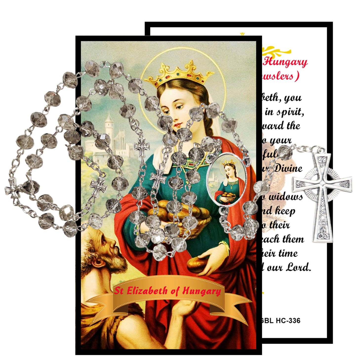 Saint Elizabeth of Hungary Patron of Sick and Poor Handcrafted Smoke Quartz Crystal Rosary with Silver‑Plated Crucifix and Color Image Centerpiece – Cross Pater Nosters and Prayer Card Included