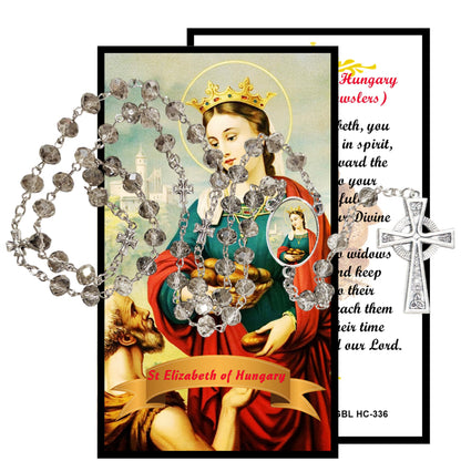 Saint Elizabeth of Hungary Patron of Sick and Poor Handcrafted Smoke Quartz Crystal Rosary with Silver‑Plated Crucifix and Color Image Centerpiece – Cross Pater Nosters and Prayer Card Included