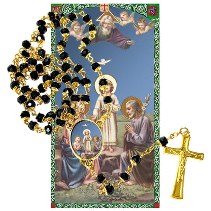 The Holy Family Handcrafted rosary jet black quartz capped beads gold plated findings, crucifix, medal centerpiece with color image and a prayer card