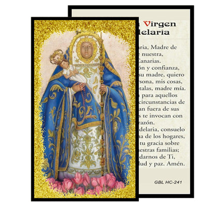 Nuestra Senora de la Candelaria Rosario artesanal de cristal de cuarzo ahumado con crucifijo bañado en plata y centro con imagen a color – crucifijos por Padre Nuestros y postal de rezo EN ESPANOL