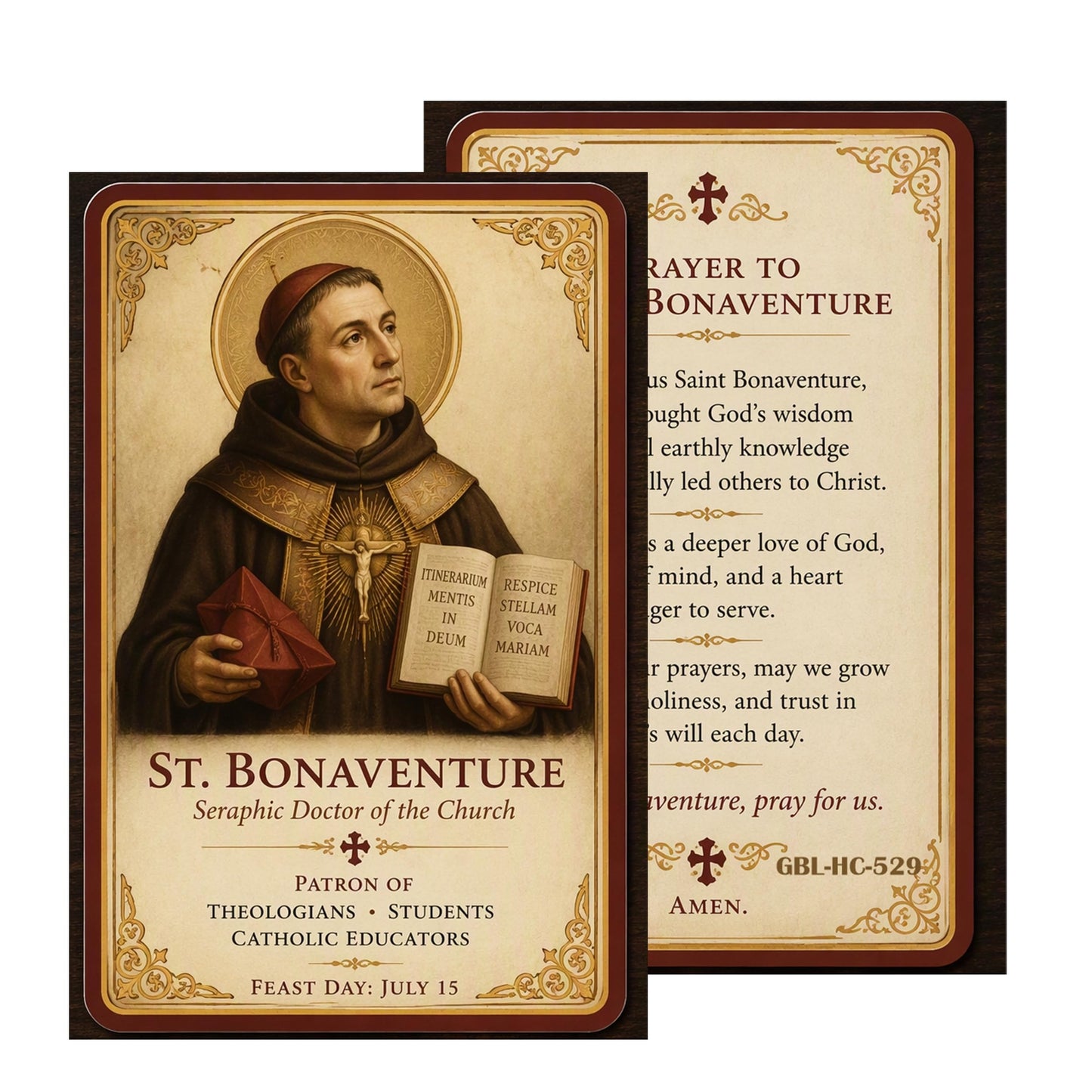 Saint Bonaventure Patron of Those with Intestinal Disorder Handcrafted rosary jet black quartz capped beads gold plated findings, crucifix, medal centerpiece with color image and a prayer card IN ENGLISH