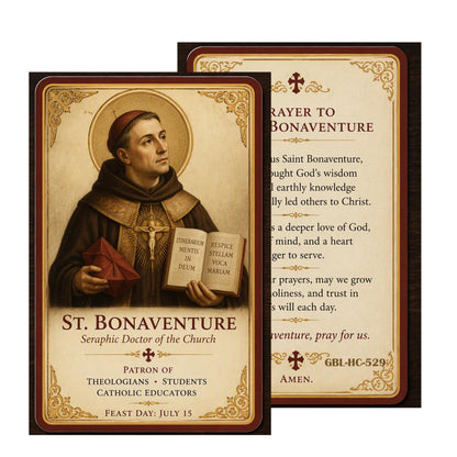 Saint Bonaventure Patron of Those with Intestinal Disorder Handcrafted rosary jet black quartz capped beads gold plated findings, crucifix, medal centerpiece with color image and a prayer card IN ENGLISH