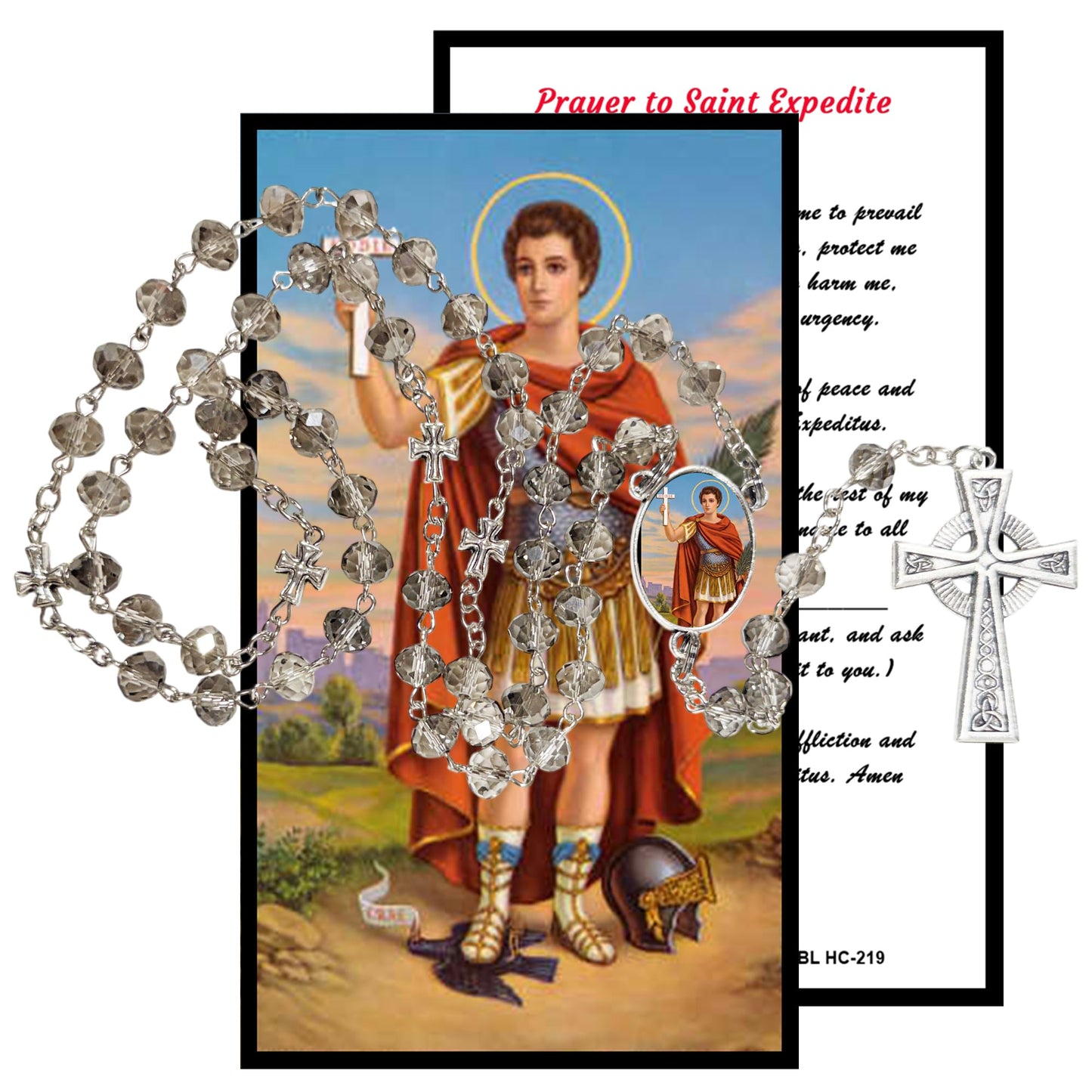 Saint Expedite Patron of Urgent Matters and Fast Results Handcrafted Smoke Quartz Crystal Rosary with Silver‑Plated Crucifix and Color Image Centerpiece – Cross Pater Nosters and Prayer Card Included