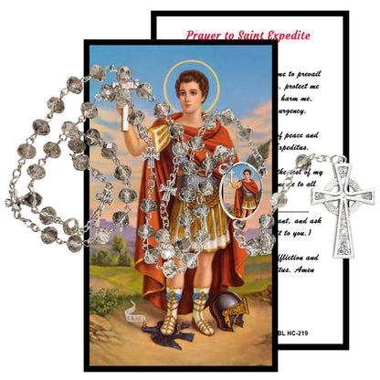 Saint Expedite Patron of Urgent Matters and Fast Results Handcrafted Smoke Quartz Crystal Rosary with Silver‑Plated Crucifix and Color Image Centerpiece – Cross Pater Nosters and Prayer Card Included