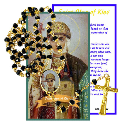 Olga of Kiev Patron of Ukraine Widows and Converts Handcrafted rosary jet black quartz capped beads gold plated findings, crucifix, medal centerpiece with color image and a prayer card