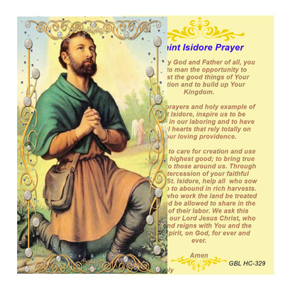 Saint Isidore the Laborer Patron of Farmers, Agricultural Workers, and Madrid Handcrafted rosary jet black quartz capped beads gold plated findings, crucifix, medal centerpiece with color image and a prayer card