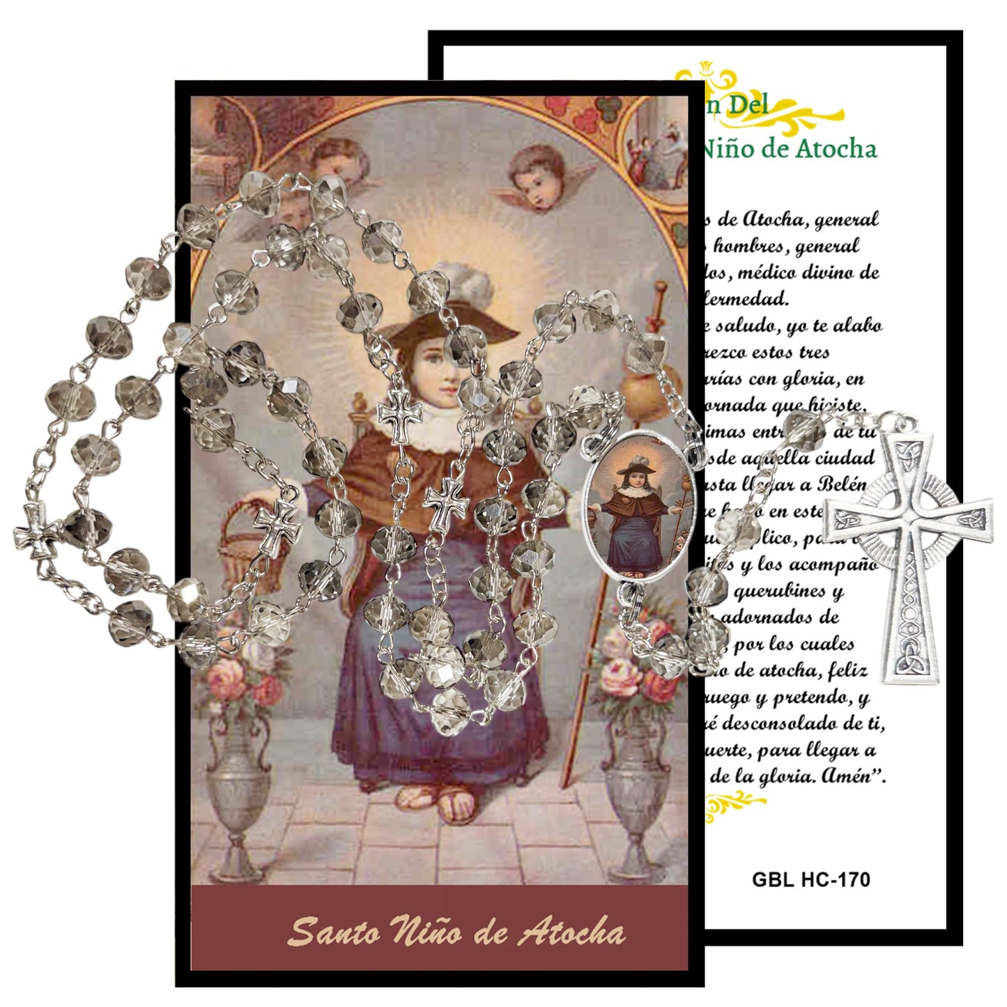 Holy Infant of Atocha Patron of Prisioners Handcrafted Smoke Quartz Crystal Rosary with Silver‑Plated Crucifix and Color Image Centerpiece – Cross Pater Nosters and Prayer Card Included