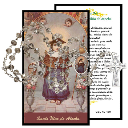 Holy Infant of Atocha Patron of Prisioners Handcrafted Smoke Quartz Crystal Rosary with Silver‑Plated Crucifix and Color Image Centerpiece – Cross Pater Nosters and Prayer Card Included