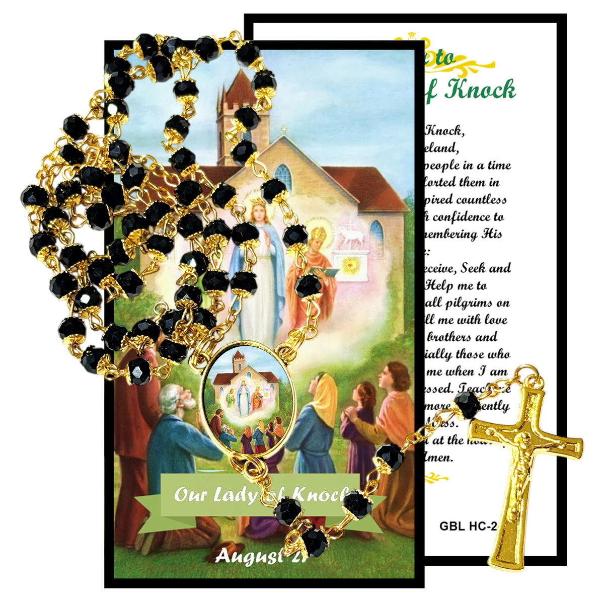 Our Lady of Knock Queen of Ireland Handcrafted rosary jet black quartz capped beads gold plated findings, crucifix, medal centerpiece with color image and a prayer card