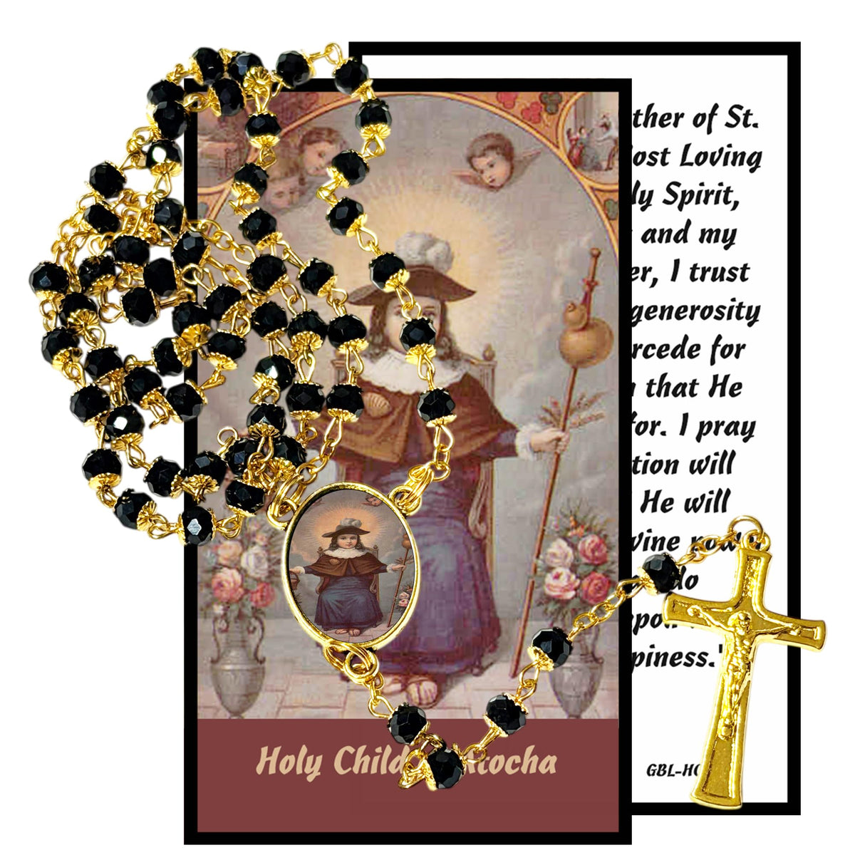 Holy Infant of Atocha Patron of Prisioners Handcrafted rosary jet black quartz capped beads gold plated findings, crucifix, medal centerpiece with color image and a prayer card IN ENGLISH