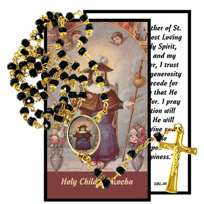 Holy Infant of Atocha Patron of Prisioners Handcrafted rosary jet black quartz capped beads gold plated findings, crucifix, medal centerpiece with color image and a prayer card IN ENGLISH