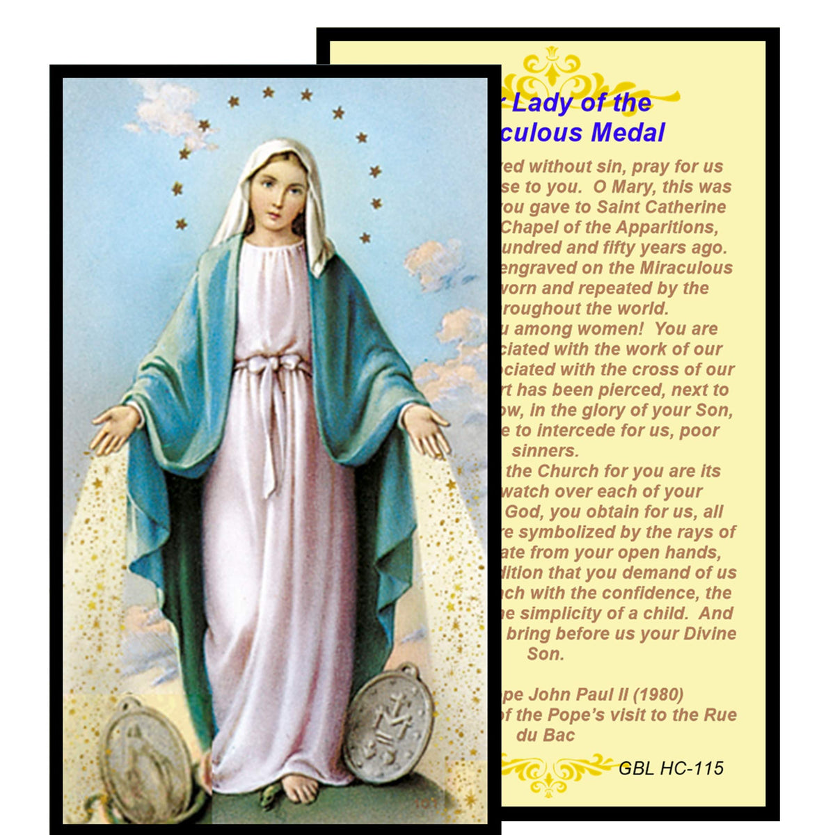 Our Lady of The Miraculous Medal Handcrafted rosary jet black quartz capped beads gold plated findings, crucifix, medal centerpiece with color image and a prayer card