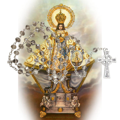 La Virgen de Zapopan La Generala Patrona de Jalisco Rosario artesanal de cristal de cuarzo ahumado con crucifijo bañado en plata y centro con imagen a color – crucifijos por Padre Nuestros y postal de rezo EN ESPANOL