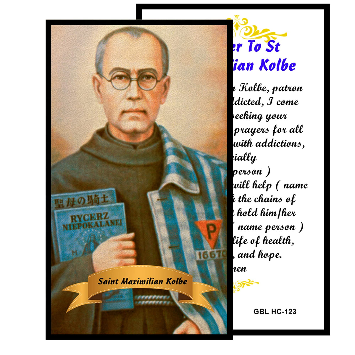 Saint Maximilian Kolbe Patron of Those with Addictions Handcrafted rosary jet black quartz capped beads gold plated findings, crucifix, medal centerpiece with color image and a prayer card
